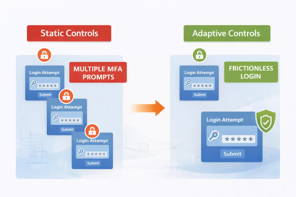Change from static controls and multiple mutli-factor authentication requests to adaptive controls to drive adoption of the Microsoft E5 license Change from static controls and multiple mutli-factor authentication requests to adaptive controls to drive adoption of the Microsoft E5 license