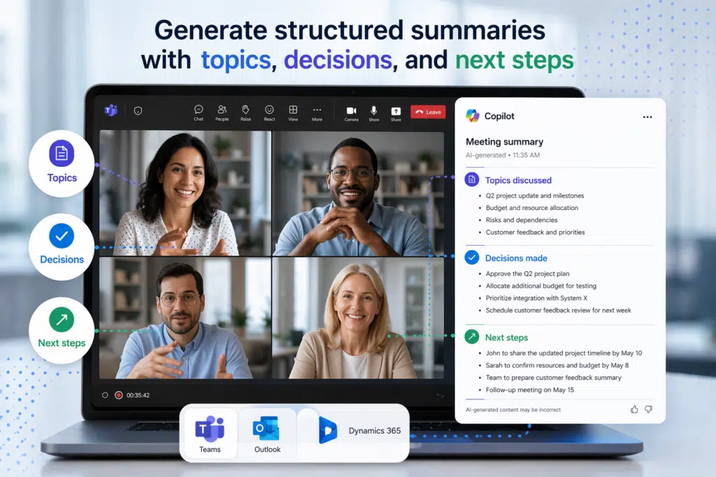 Generate structured summaries with topics, decisions, and next steps using Copilot Generate structured summaries with topics, decisions, and next steps using Copilot